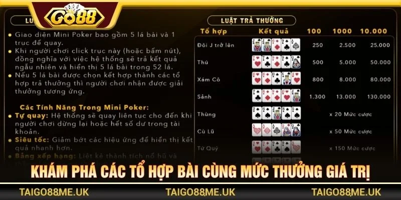 Khám phá các tổ hợp bài cùng mức thưởng giá trị